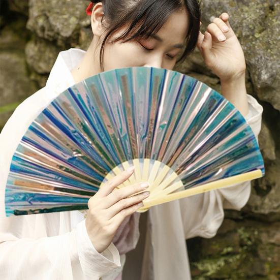 Folding Fan Colorful Handheld Fan with Bamboo Bones for Festivals Rave Parties Performance Home Decoration