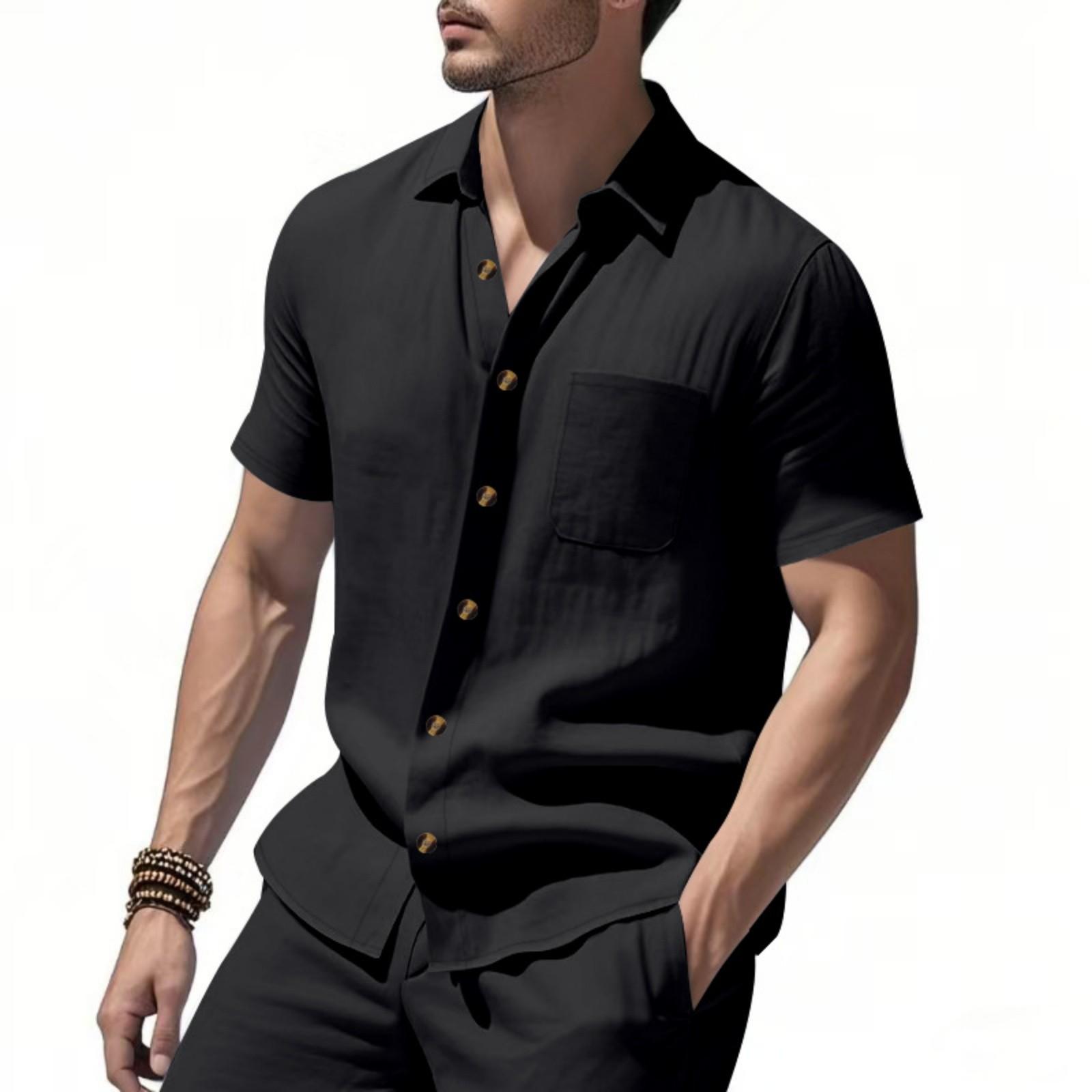 

Men s Casual Business Short-Sleeve Shirt - Plus Size Collared Solid Color Pocket Button-Down Shirt XL чорний