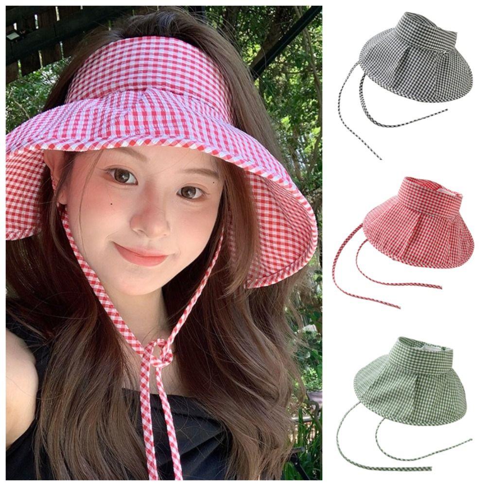 Chapeau de Soleil Respirant à Large Bord Imprimé Carreaux Protection Solaire Chapeaux Pour Dames Filles