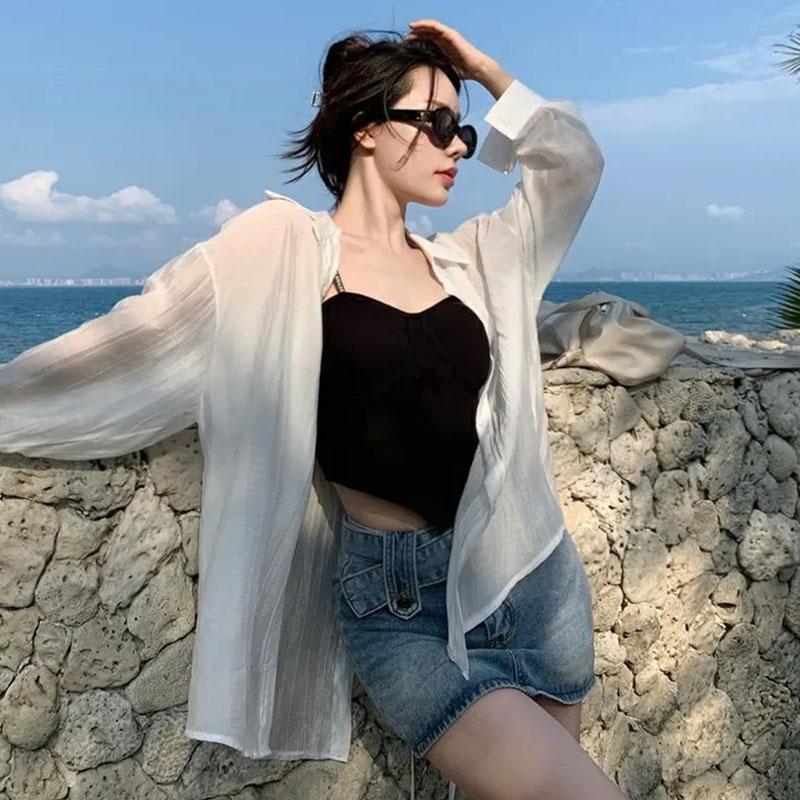 Thin Long Sleeve Sunscreen Shirt Woman Back Split Lace Up White Shirts Women Casual Loose Holiday Beach Blouse