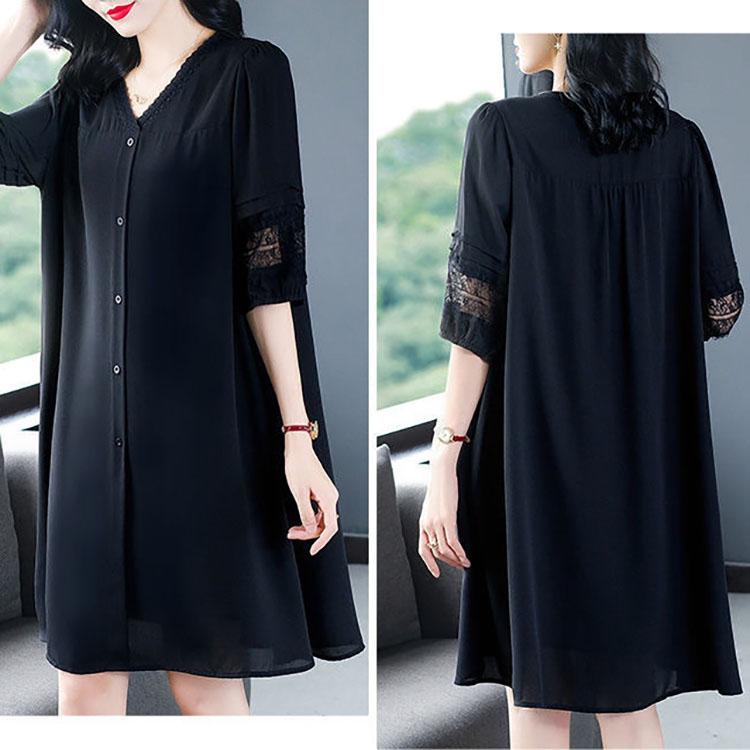 Black Dress Women's Loose Large Size Summer Dress Medium Length Solid Casual Lace Hollow Out Dress