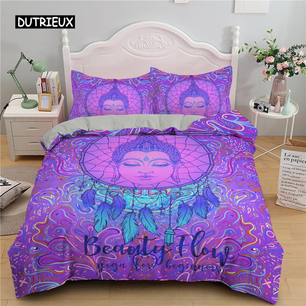 Buntes Buddha Bettbezug-Set Bunte Buddha Statue Religion Einzelbettwäsche-Set Polyester Rosa Rosen Dekor King-Size Bettbezug