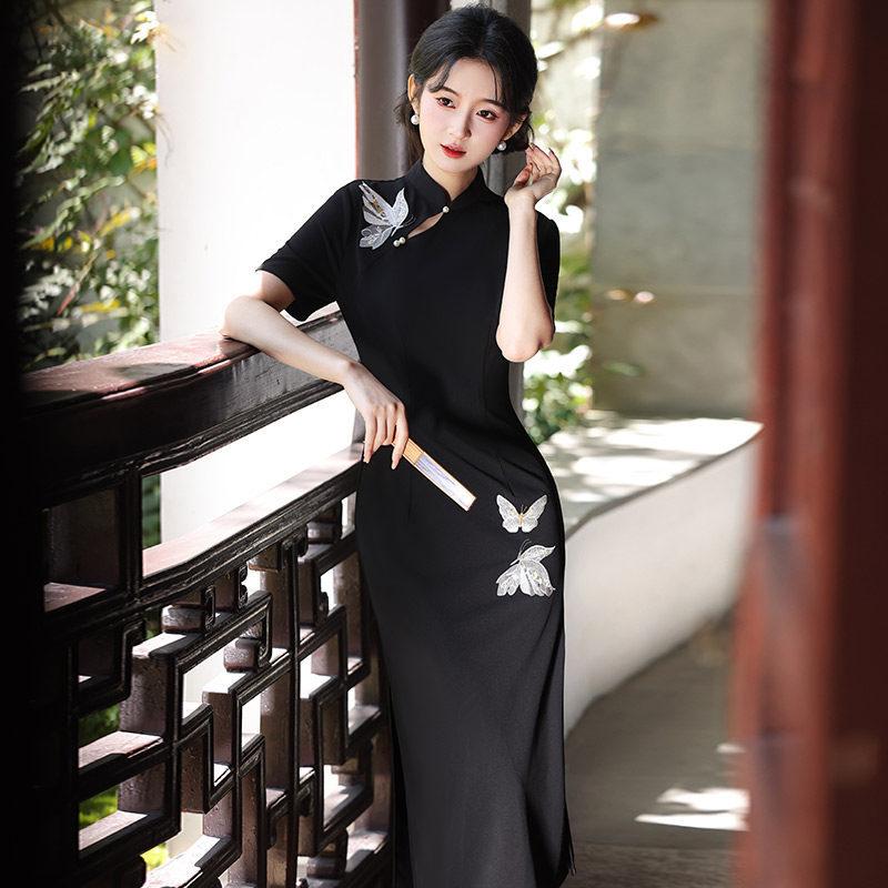 Embroidery black national style new Chinese Suzhou long cheongsam improved young women's high sense can be worn daily in summer