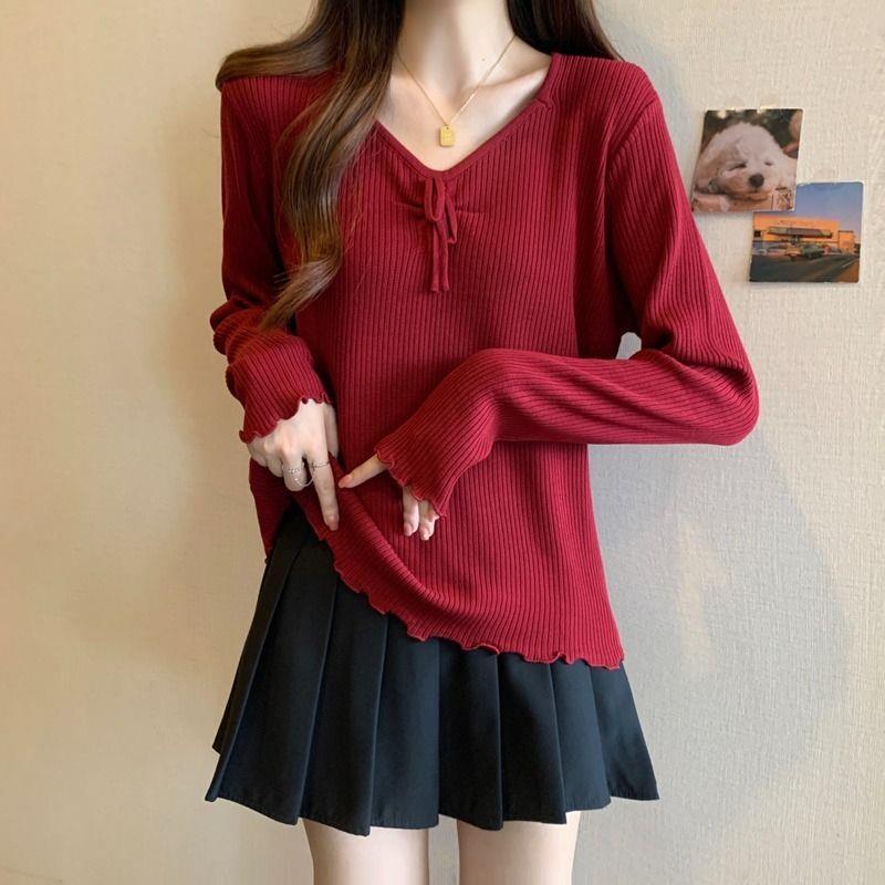 Women's Slimming V-Neck Long Sleeve Knitted Sweater, Plus Size, Versatile French Style, 2025 Autumn Collection.