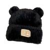 Women Knitted Hat Windproof Warm Solid Color Elastic Winter Hat Bear Ear Decor Cold Weather Plush Hat