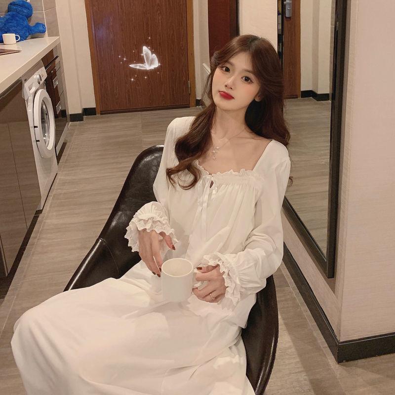 New ins pajamas pajamas women s spring and autumn winter court Japanese sweet long white long sleeves in stock M