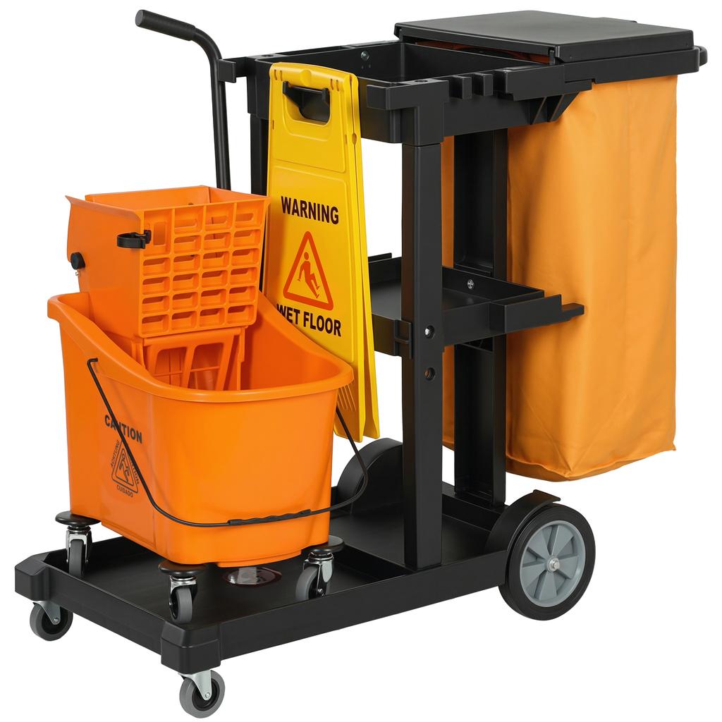 Cleaning Cart: Wheels, 3 Shelves, 70L Bag, Bucket with Wringer.