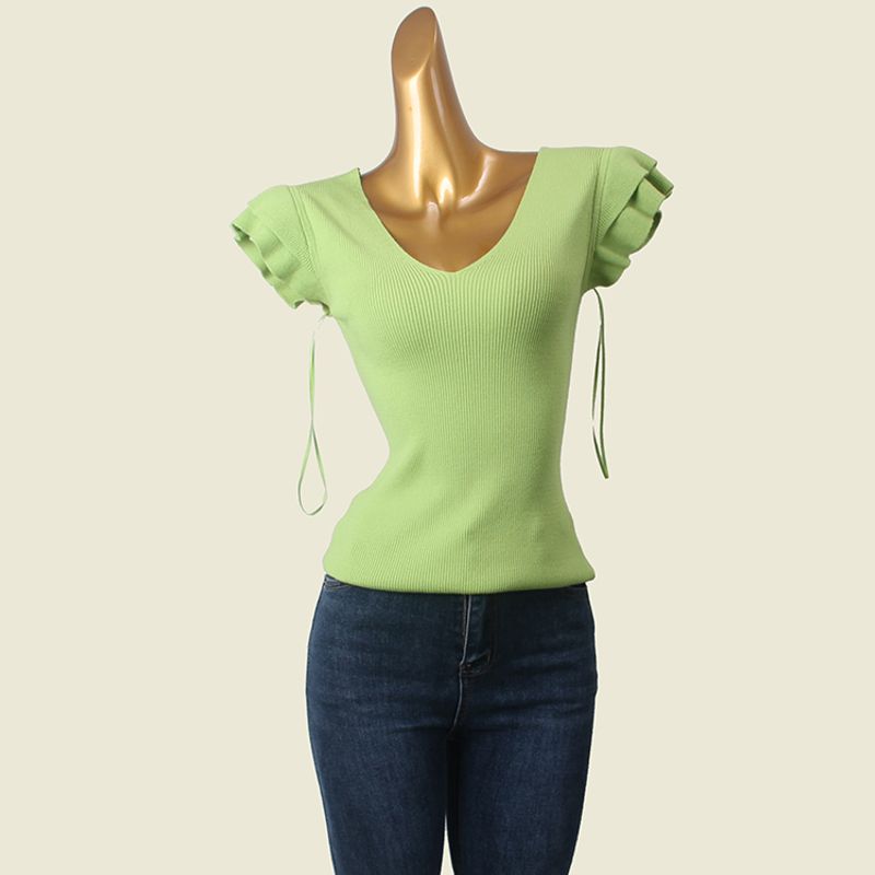 Mint Green V Neck Thread Fitted Knitwear Summer Flying Sleeves Slim Looking Pure Color Undershirt