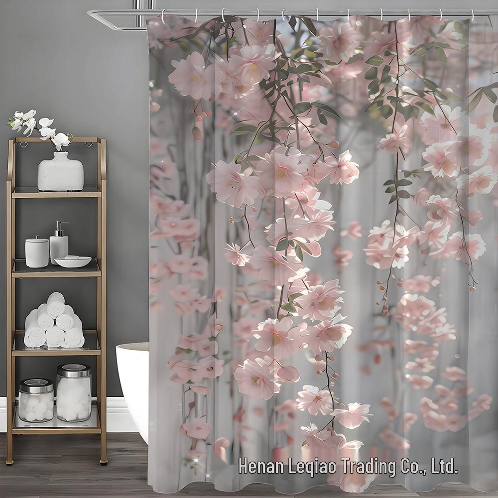 Водонепроницаемая розовая цветочная полиэстеровая шторка для душа Includes 12 Hooks