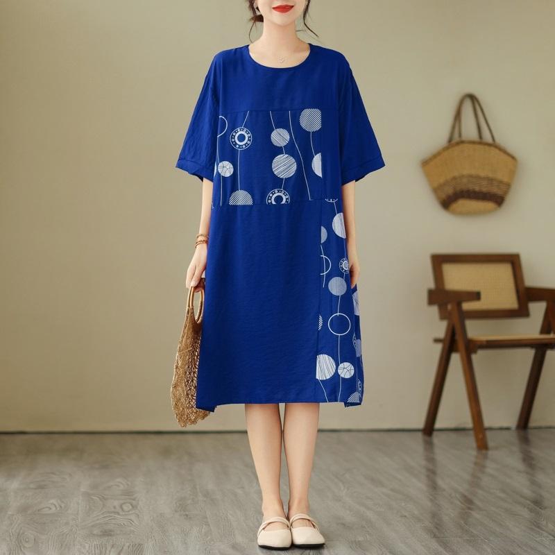 

Новинка жіночих суконь з коротким рукавом, бавовняного вінтажного квіткового принтом, повсякденного вільного крою, з коротким рукавом сапфірове скло синього кольору кольору