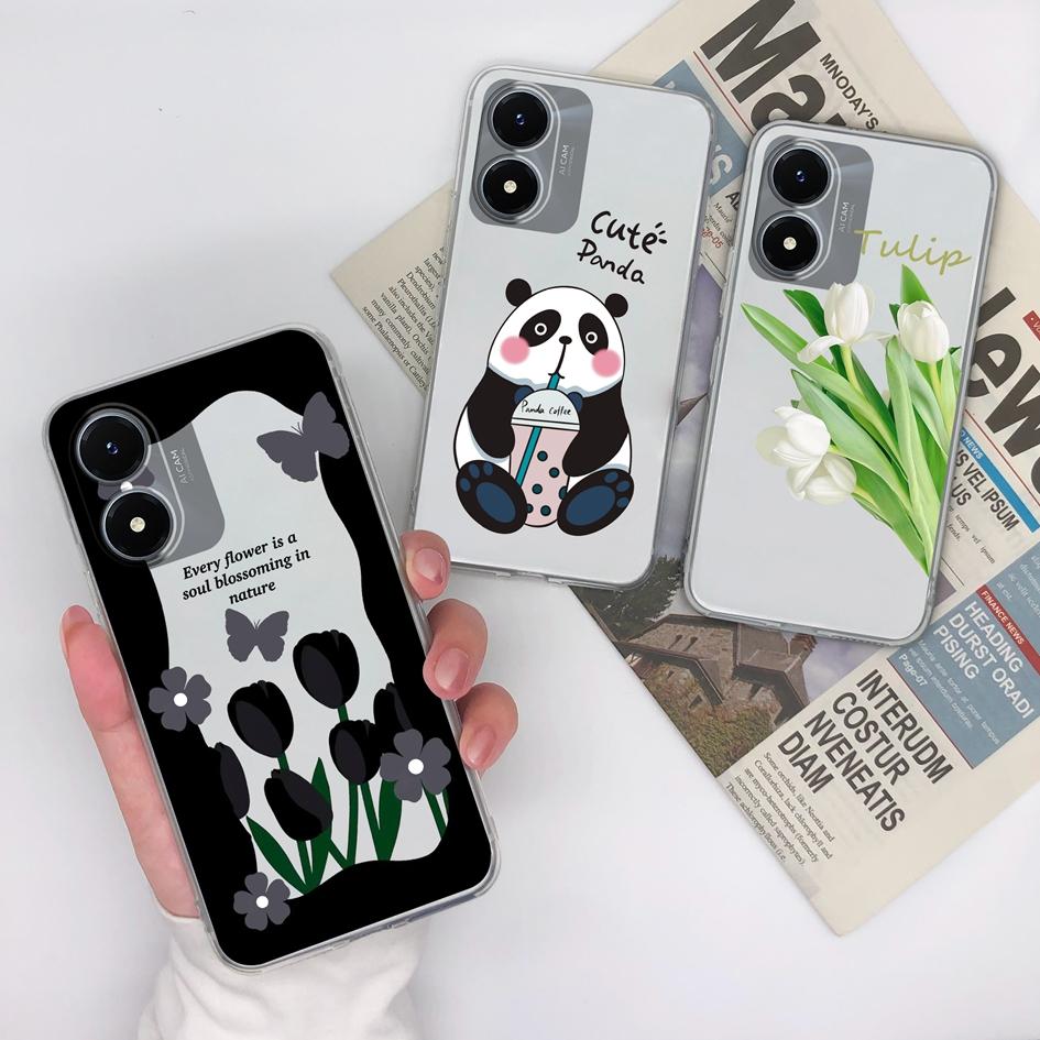 Phone Case For Vivo Y20 Y27 Y36 Y02S Y10 Y15 Y21 Y33 Cover Cute Panda Shockproof Clear Camera Protection Matte Soft Silicone Housing For Vivo Bumper