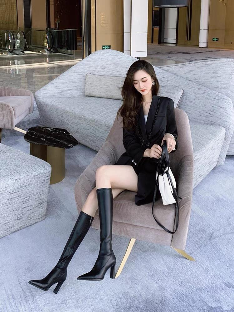 Boots Women'S Autumn And Winter Pointed High Heels Thick Heel Boots Fashion Black Skinny High Boots