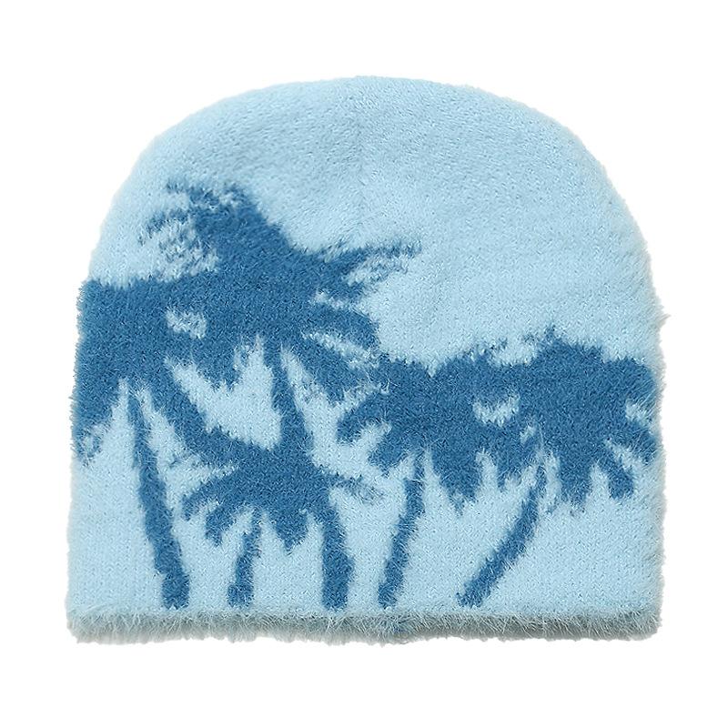 Autumn and winter thermal hat women's outdoor plush beanie hat brimless cap coconut tree jacquard wool hat imitation mink hair