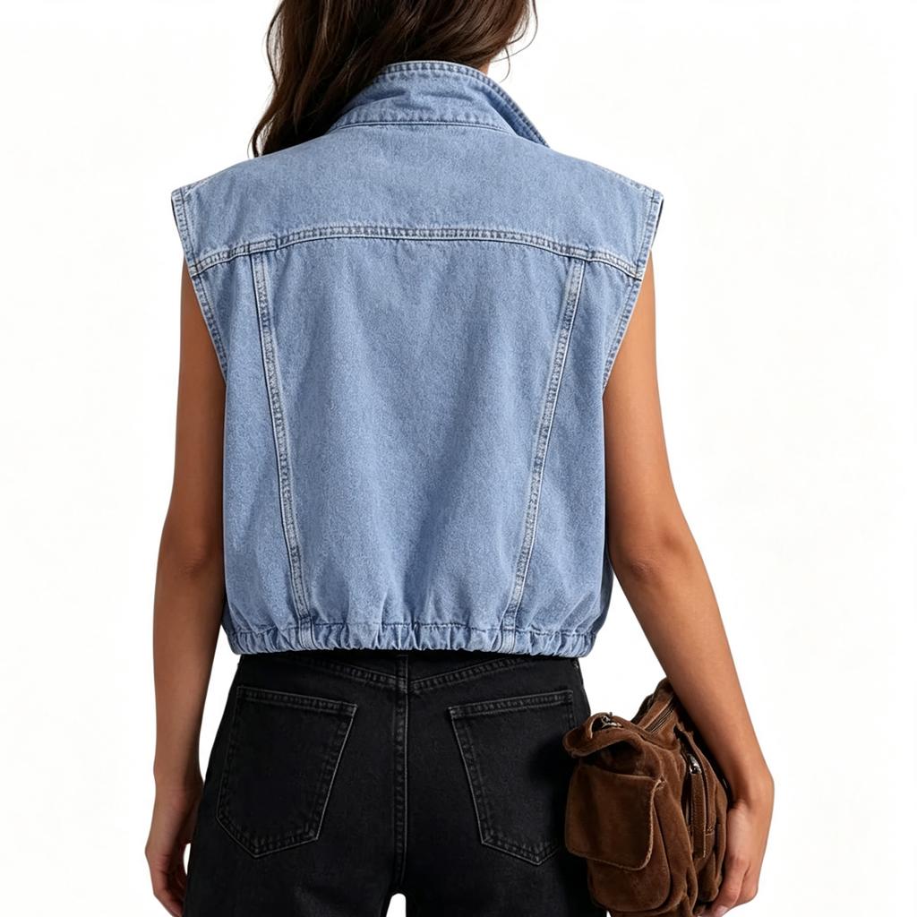 Damen Mode Lässig Ärmellose Jeansweste mit Reißverschlusskragen
