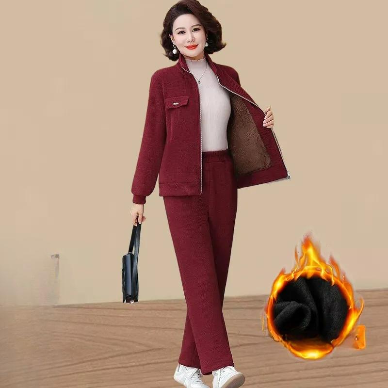 Plus Velvet Warm Sportswear Suit Women's Autumn and Winter Western Style Casual Ladies Suit Two-piece Suit