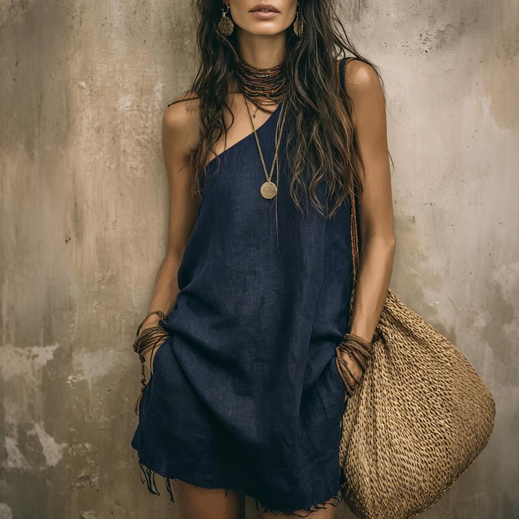 Women’s Casual Sleeveless Loose Fit Pocket Short Dress Cotton Linen Asymmetric Neckline Summer Tunic Style