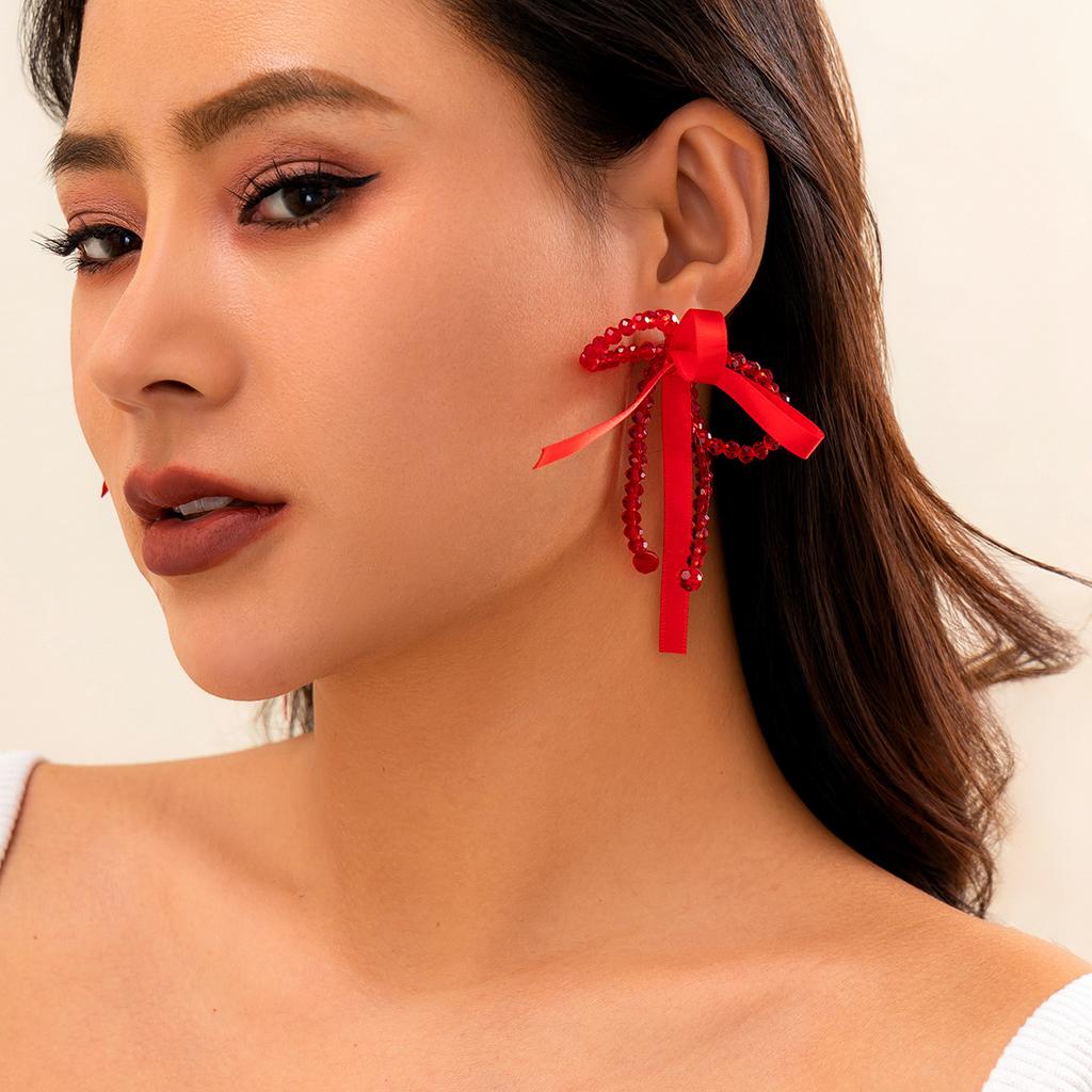 Jewelry Simple imitation pearl beaded earrings, creative double bow stud earrings BowEarrings