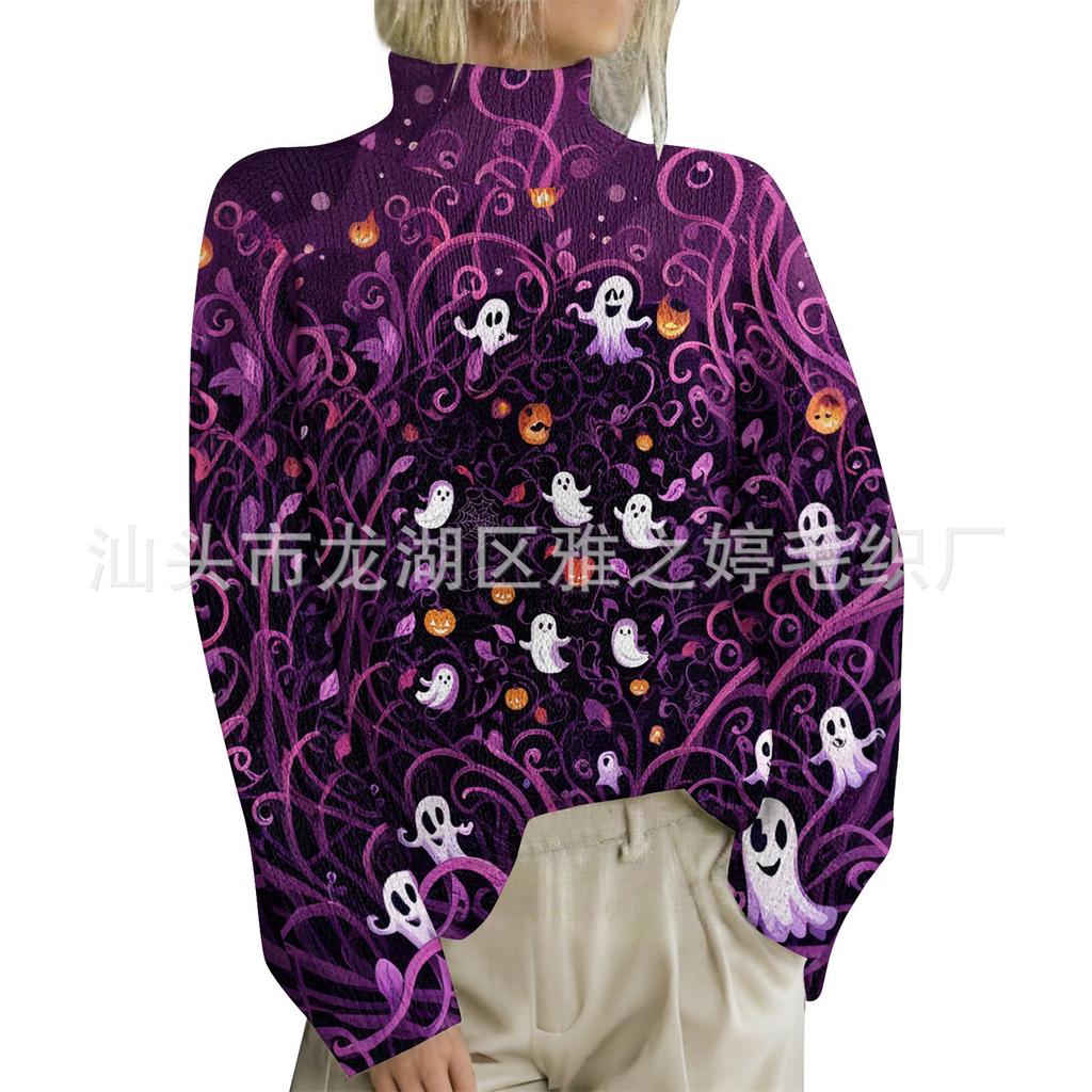 HJX-GL1 Turtleneck Pullover Long Sleeve Halloween Devil 3D Printed Sweater New Loose Autumn and Winter