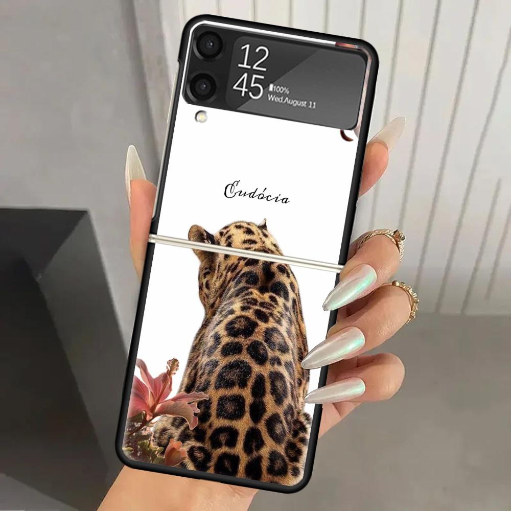 Pink Leopard Print Hard PC Phone Case For Samsung Galaxy Z Flip 7 6 5 4 3 Black ZFlip7 ZFlip6 Flip5 Flip4 Flip3 5G Print Cover