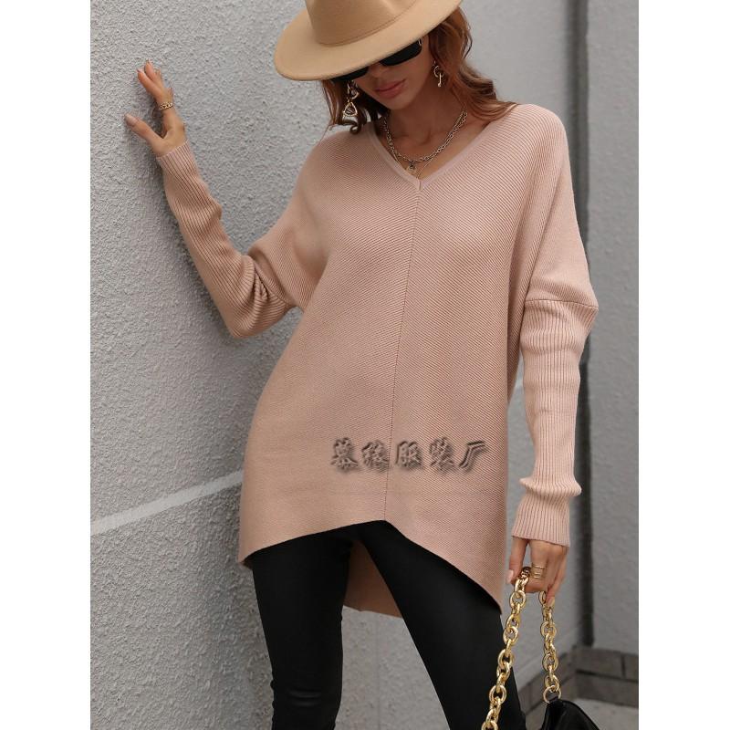 Womens V-Neck Loose Knit Sweater Office Commute - Solid Color Long Sleeve Pullover In Cotton Blend