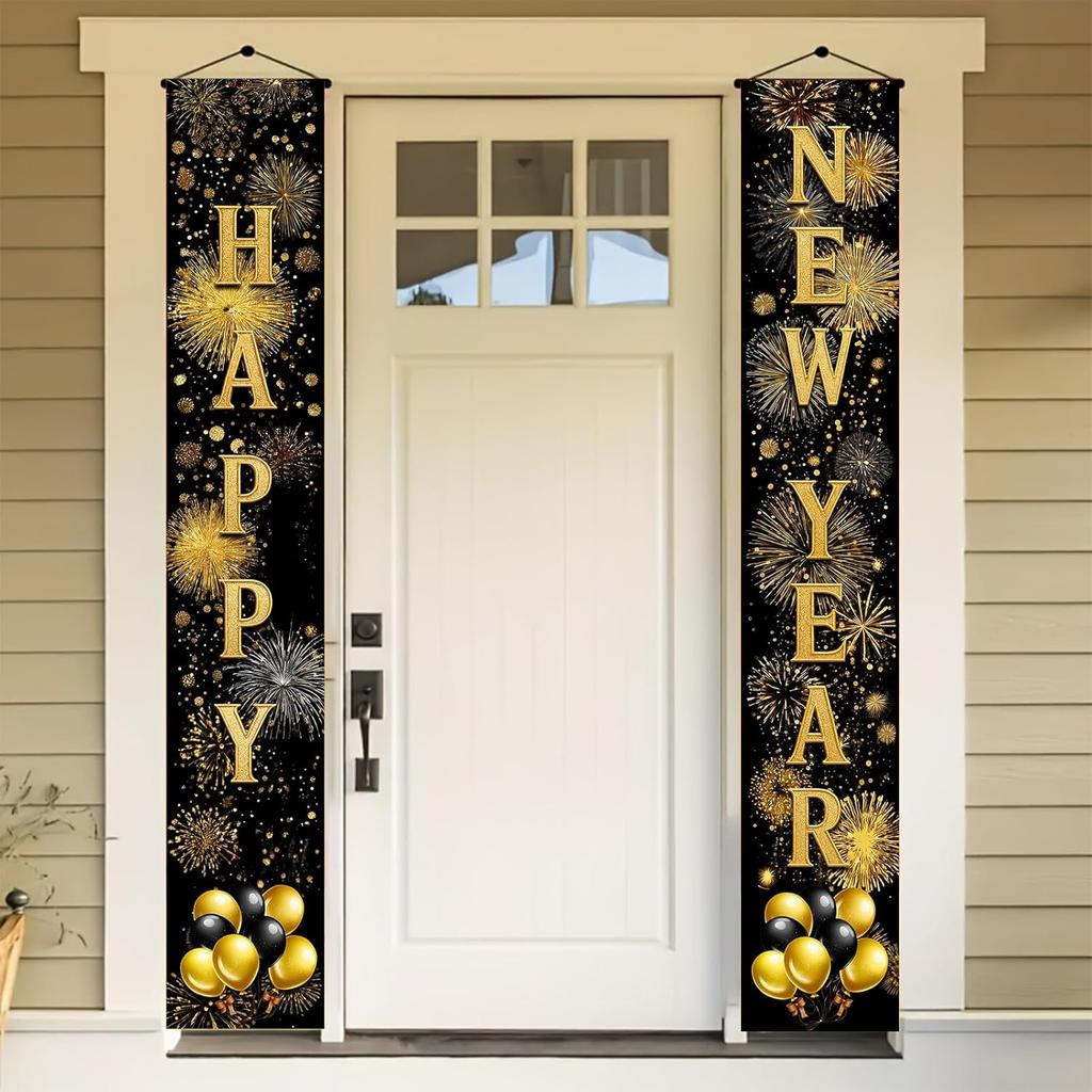 New Year Banners for Outside 12x71 Inches Happy New Year Porch Decorations Gold Letter Door Hanging Signs Party Porch Decor for Indoor Outdoor