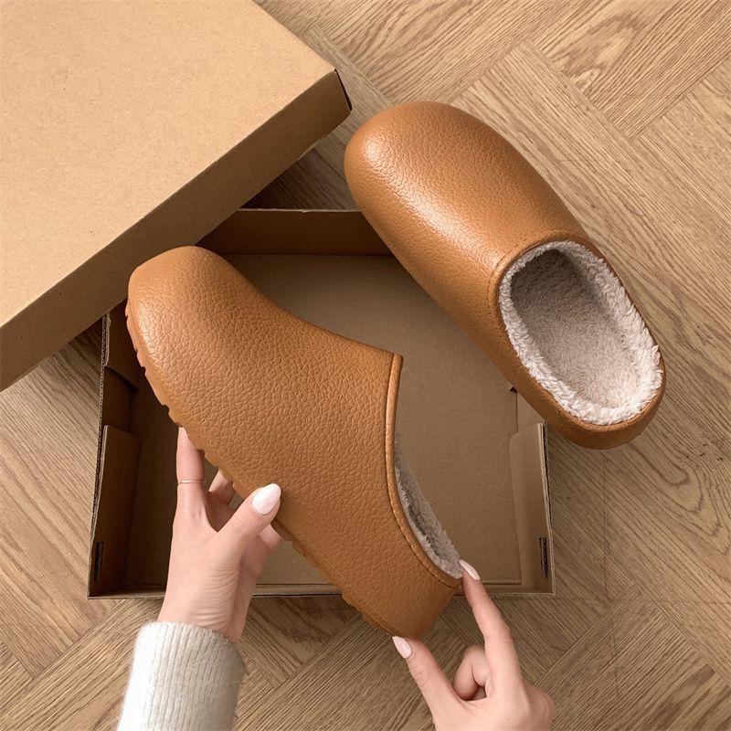 Waterproof leather bag head cotton slippers women's autumn and winter velvet warm thick bottom non-slip couple fluff drag indoor and outdoor wear