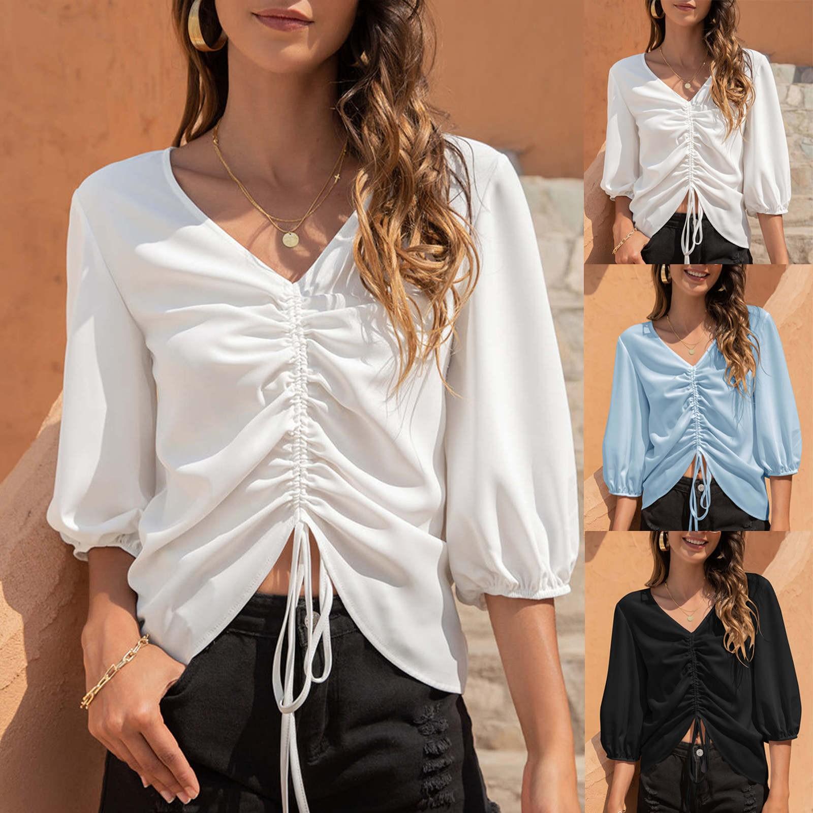 

Women s Fashion Casual Solid Color Seven-Part Sleeve Drawstring Pullover Tops