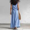 Women's Fashion Color Sleeveless Cotton Linen V-neck Sleeveless Top, Casual Pocket Skirt Two-piece Set