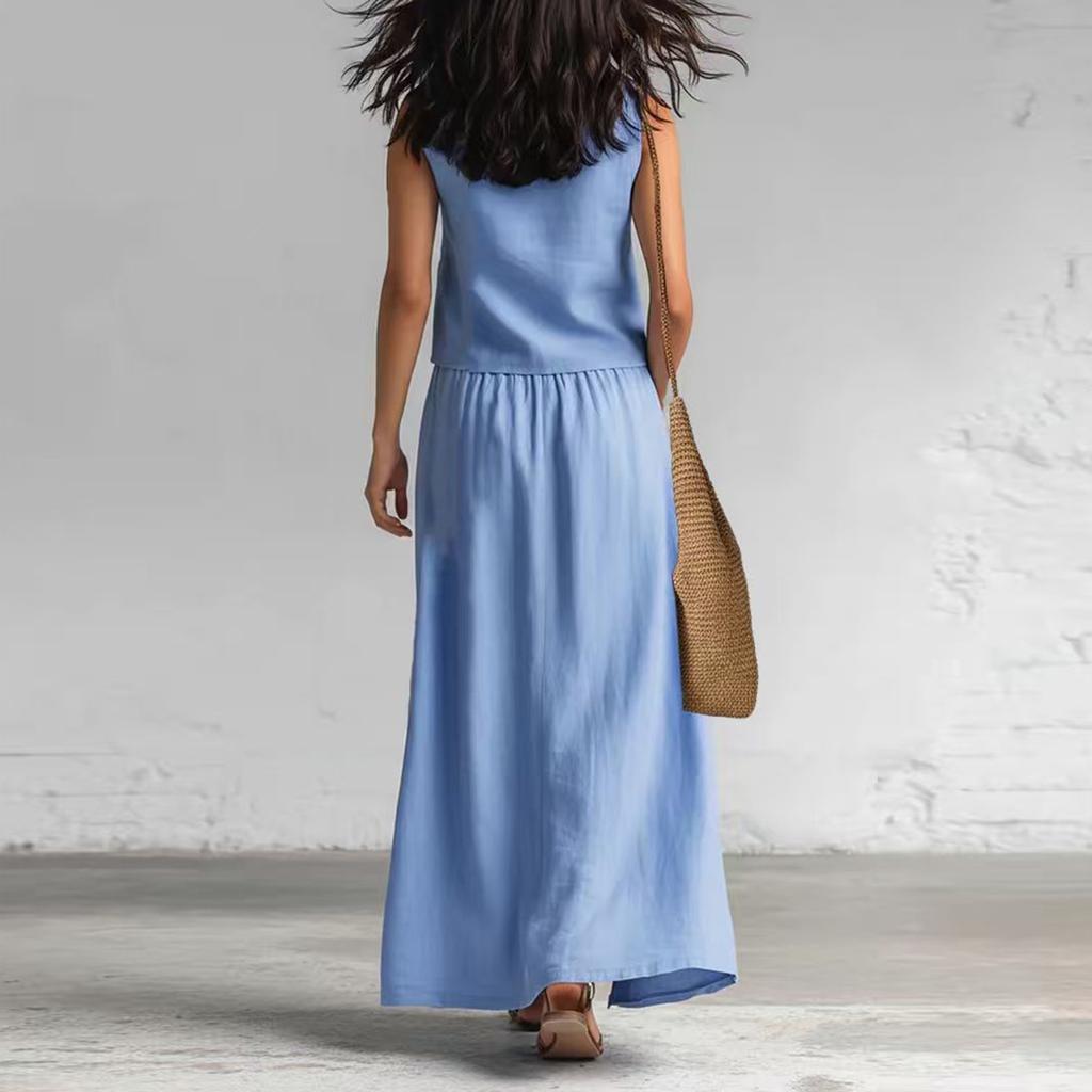Women's Fashion Color Sleeveless Cotton Linen V-neck Sleeveless Top, Casual Pocket Skirt Two-piece Set