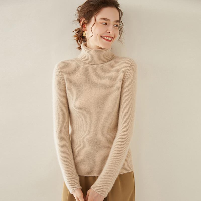 Women's High Neck Striped Cashmere Sweater - Slim-Fit Seven-Needle Knit for Autumn & Winter