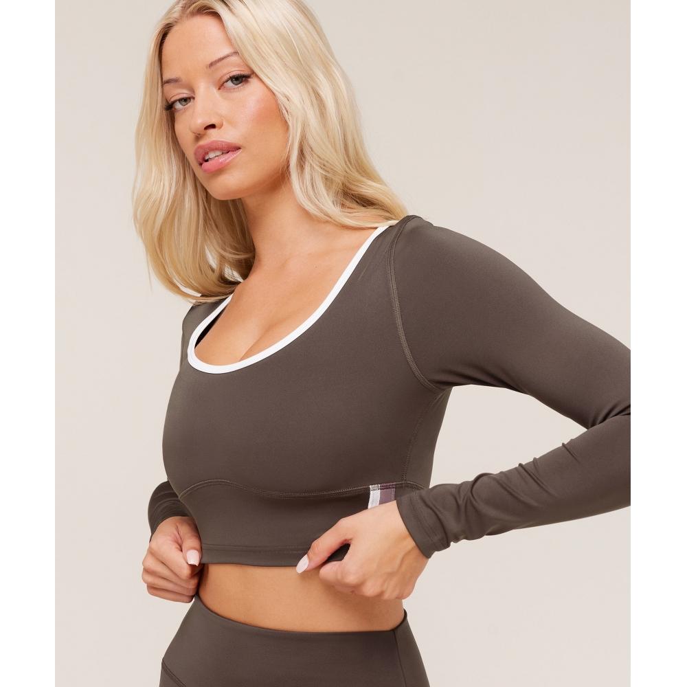 Gymshark Piping Long Sleeve Crop Top Walnut Brown Chestnut Pink Soft White B4c3t Nc87