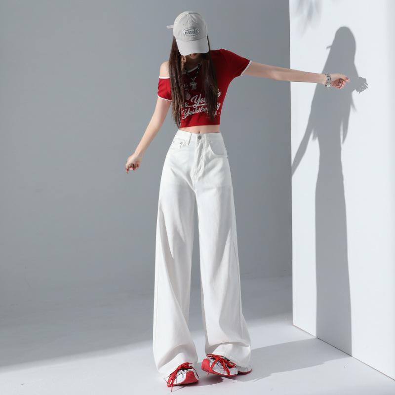 White three-proof Tencel wide-leg jeans women's summer new straight loose high-waisted thin floor pants
