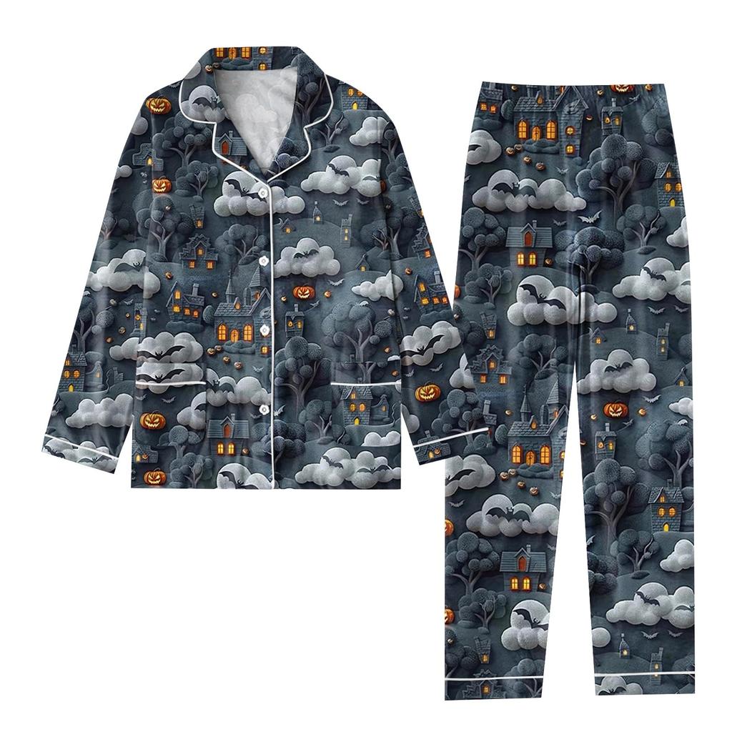 2-teiliger bedruckter Damen-Anzug, langärmelig, Oberteil mit Knopfleiste, weite Hosen, Anzug-Set, Schlafanzug, Home-Casual-Anzug