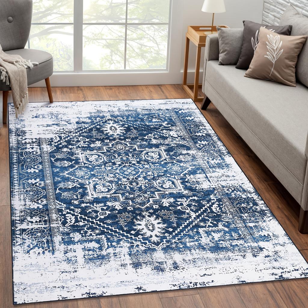 Vintage Blue White Distressed Floral Mat Non-Slip Rubber Backing, for Living Room, Bedroom, Kitchen, Entryway, Bedroom Decorat