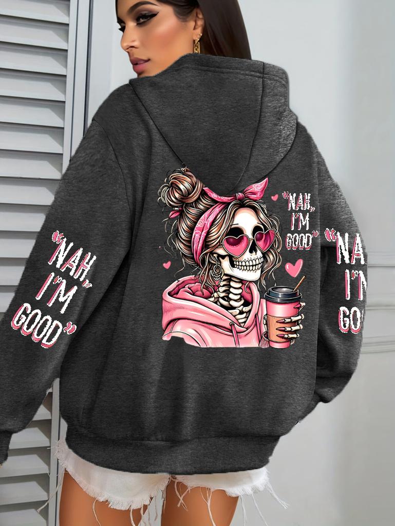 Felpa con Cappuccio da Donna I'M Good Coffee Teschio Stampa Divertente Felpa Larga da Jogging Pile Autunno Abbigliamento Sportivo Casual Y2K Unisex con Cappuccio