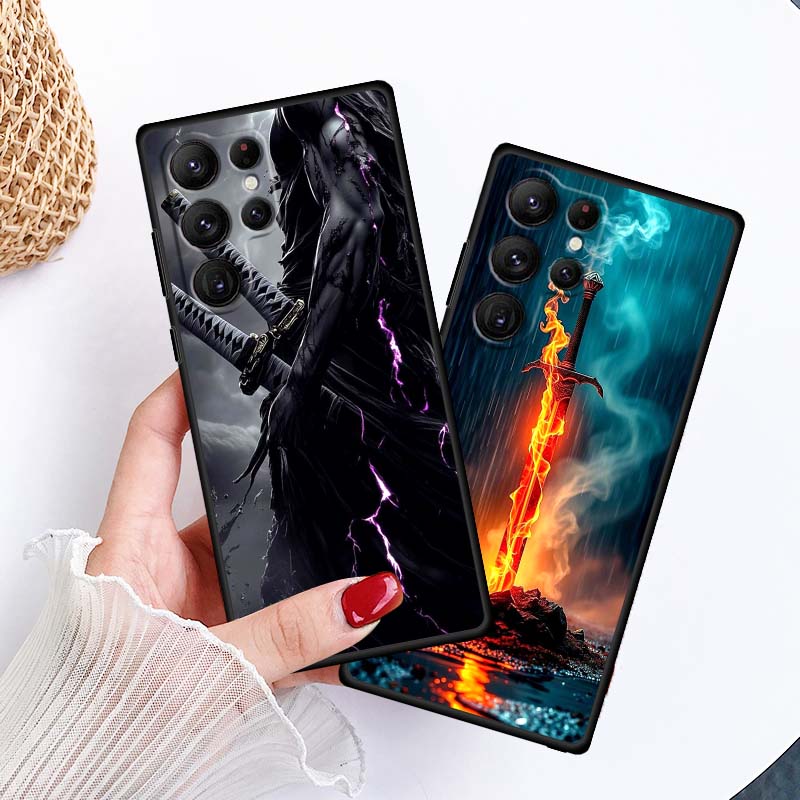 Ancient style swordsman For Samsung Galaxy S26 S25 S24 S23 S22 S21 S20 Ultra Plus FE 5G Black Soft TPU Phone Case