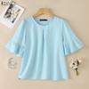 Women Casual Round Neck Solid Color Loose Short Sleeve Blouse
