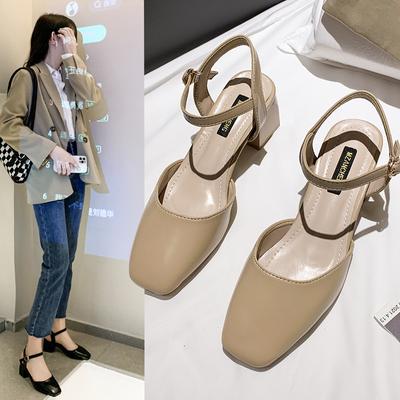 Fashion Korean Retro Baotou Sandals 2024 Summer New Square Head One Line Buckle Strap Simple Mid Heel Fashion Versatile Women's Sandals