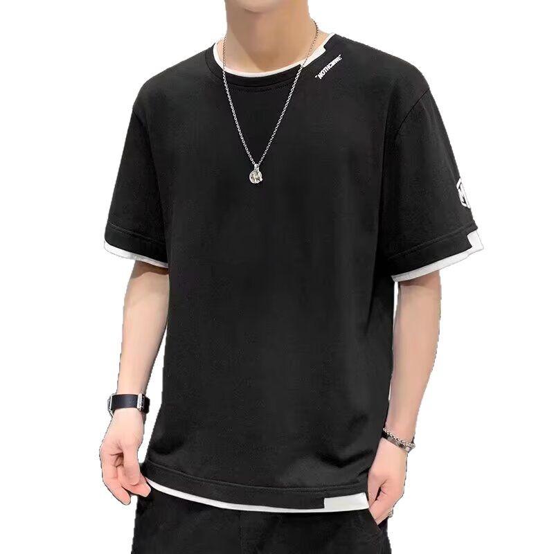 Fake Two-Piece Short-Sleeved T-Shirt Men'S Summer New Youth Leisure Sports Round Neck Short-Sleeved Thin Bottoming Shirt Trendy Brand