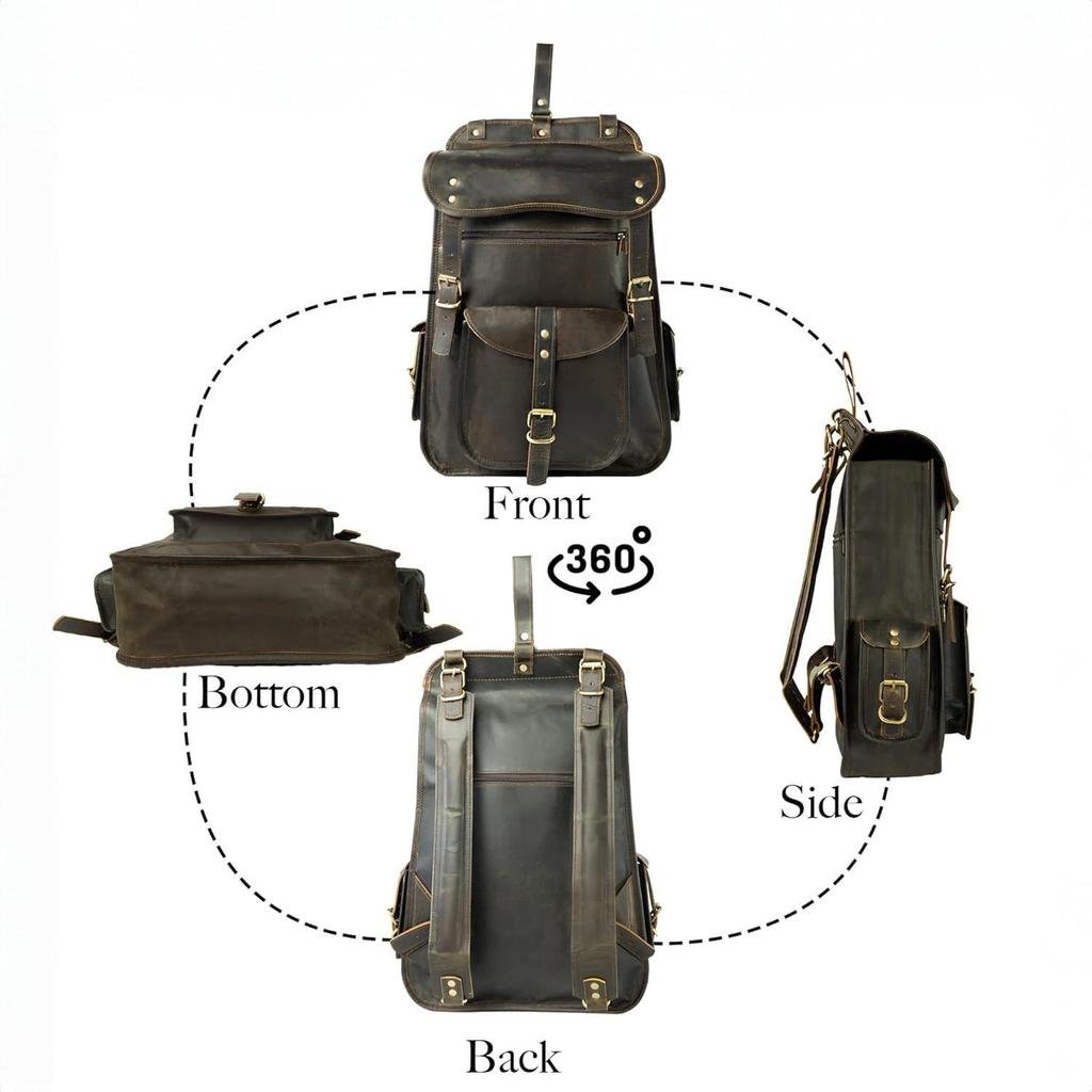Vintage Full Grain 21 Inch Leather Laptop Large Backpack Casual Bookbag Daypack Camping Travel Rucksack Knapsack