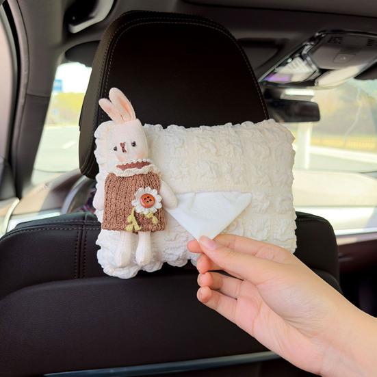 Cute Car Tissue Box Holder Soft Plush Rabbit Hanging Paper Dispenser Universal Auto Seat Back Organizer for Home Car Office