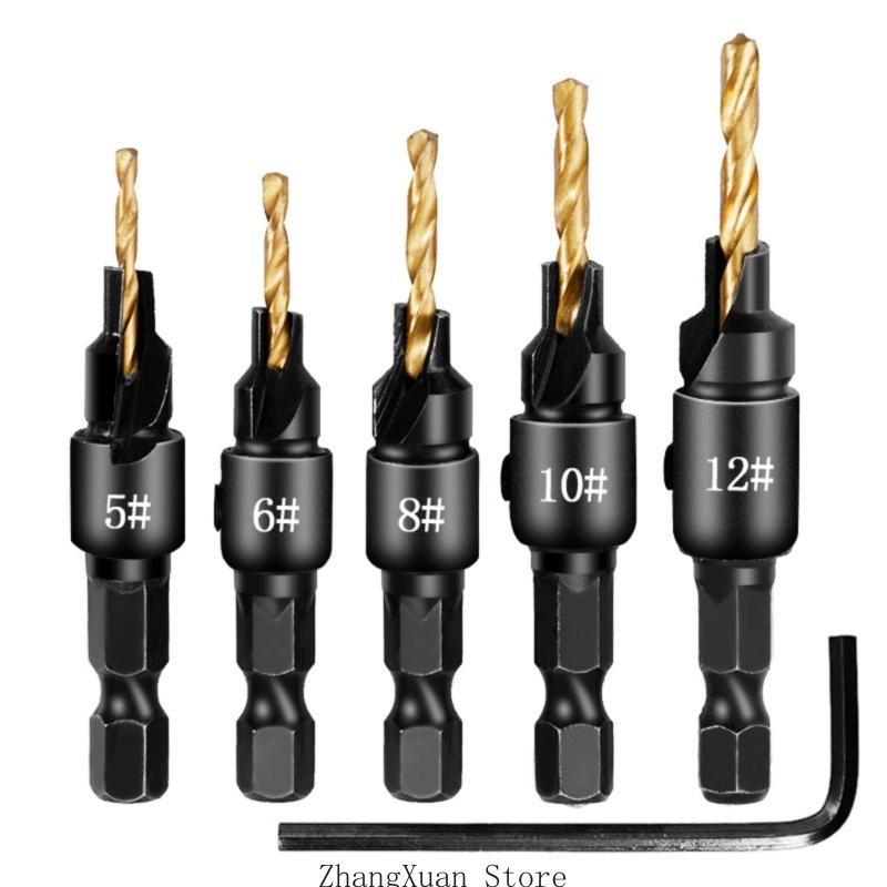 3XUF Multi Purpose 5 Piece Drill Bit Shank Design for Smooth Boring and Clean Edges Chamfering In Carpentry Work