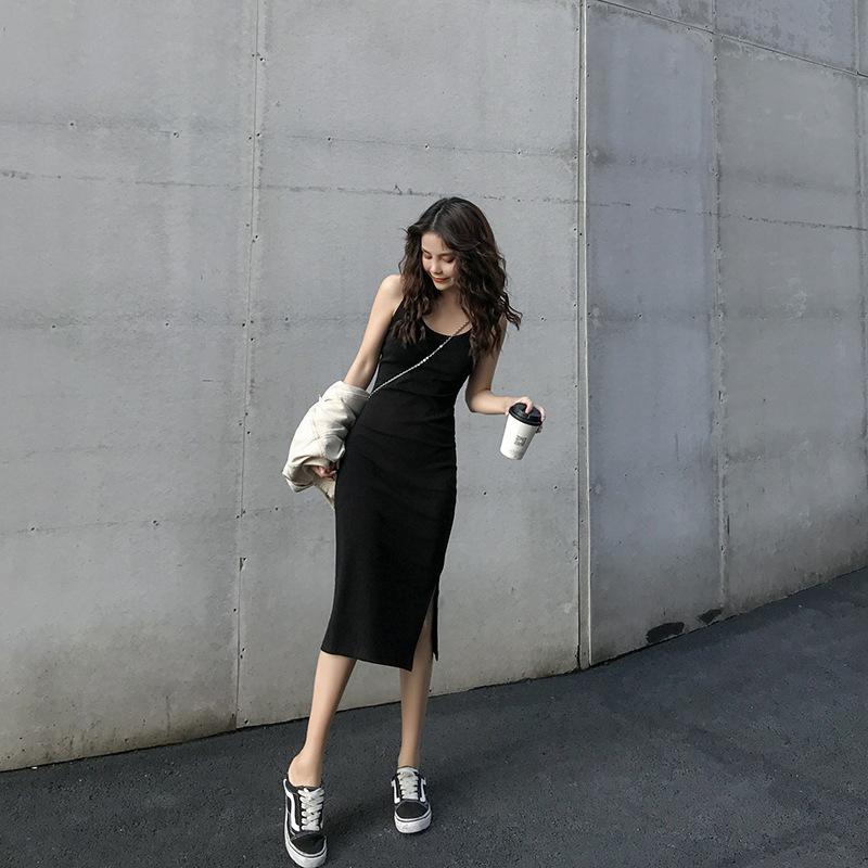 

Летнее платье-комбинезон средней длины с разрезом внизу для женщин M чёрный