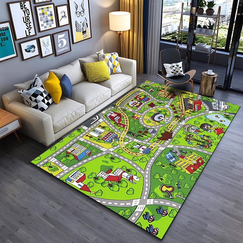 Colorful Town Map with Buildings Non-slip Rug Suitable for Living Room and Bedroom Sofas.