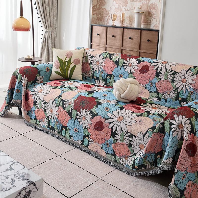 Fresh Floral Linen Sofa Throw Blanket Cover American Country Vintage One Piece All Season