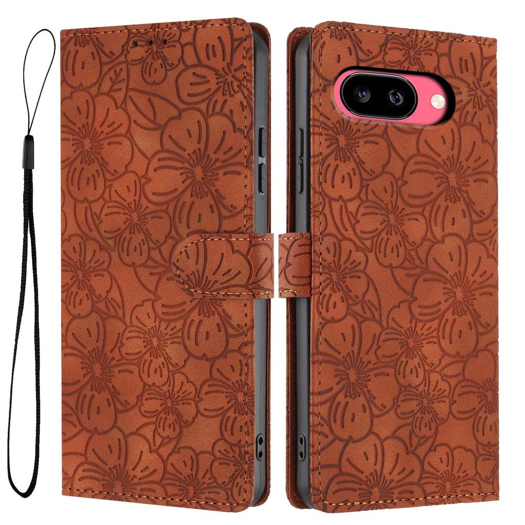 For Google Pixel 9a Flip Case Cherry Blossom Pattern Leather Wallet Stand Phone Cover with Wrist Strap