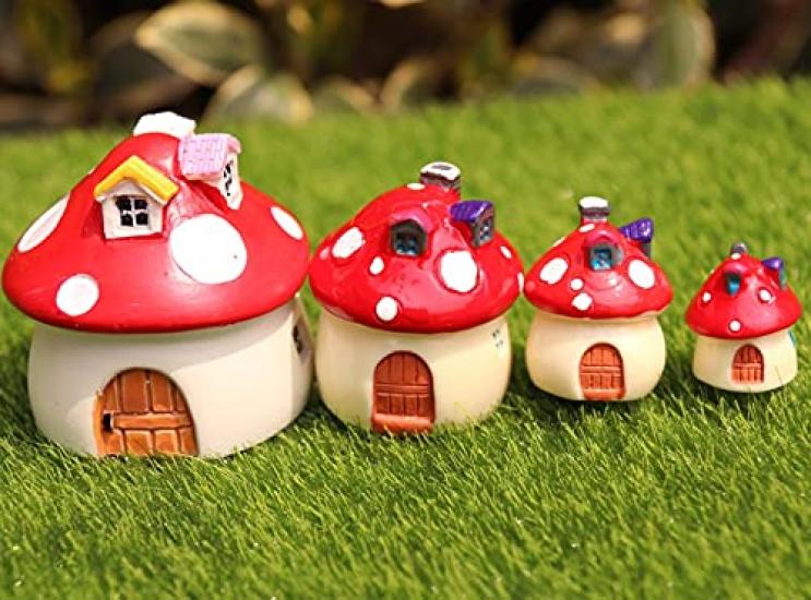 

Cute Miniature Ornament Resin Mini Mushroom House Fairy Garden Bonsai Terrarium Micro Landscape Moss Dollhouse Fairy Garden 4-Piece Set, Figurines,