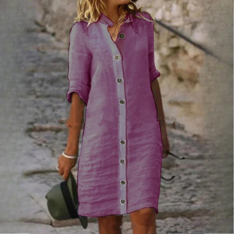 QICED Women's Spring Summer Shirt Neck Mid Sleeve Cotton Linen Dresses