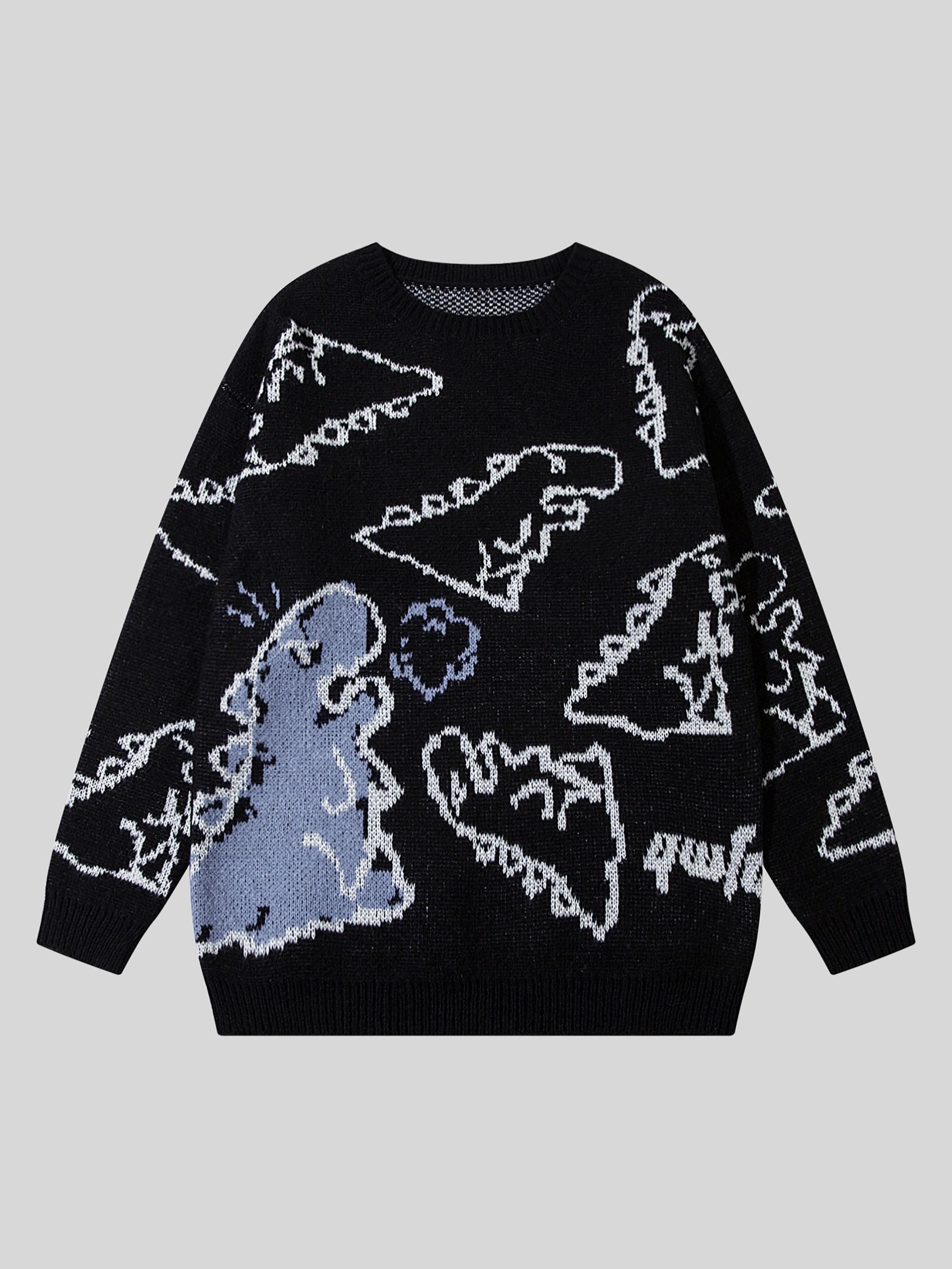 

Женский свитер оверсайз с узором динозавров - Уютный пуловер с длинным рукавом для повседневной носки M чёрный