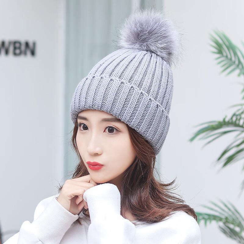 Korean Style Winter Knit Beanie with Faux Fur Pom-Pom Adjustable